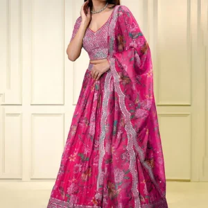 pink organza floral digital print zari embroidered sequins lehenga wedding wear